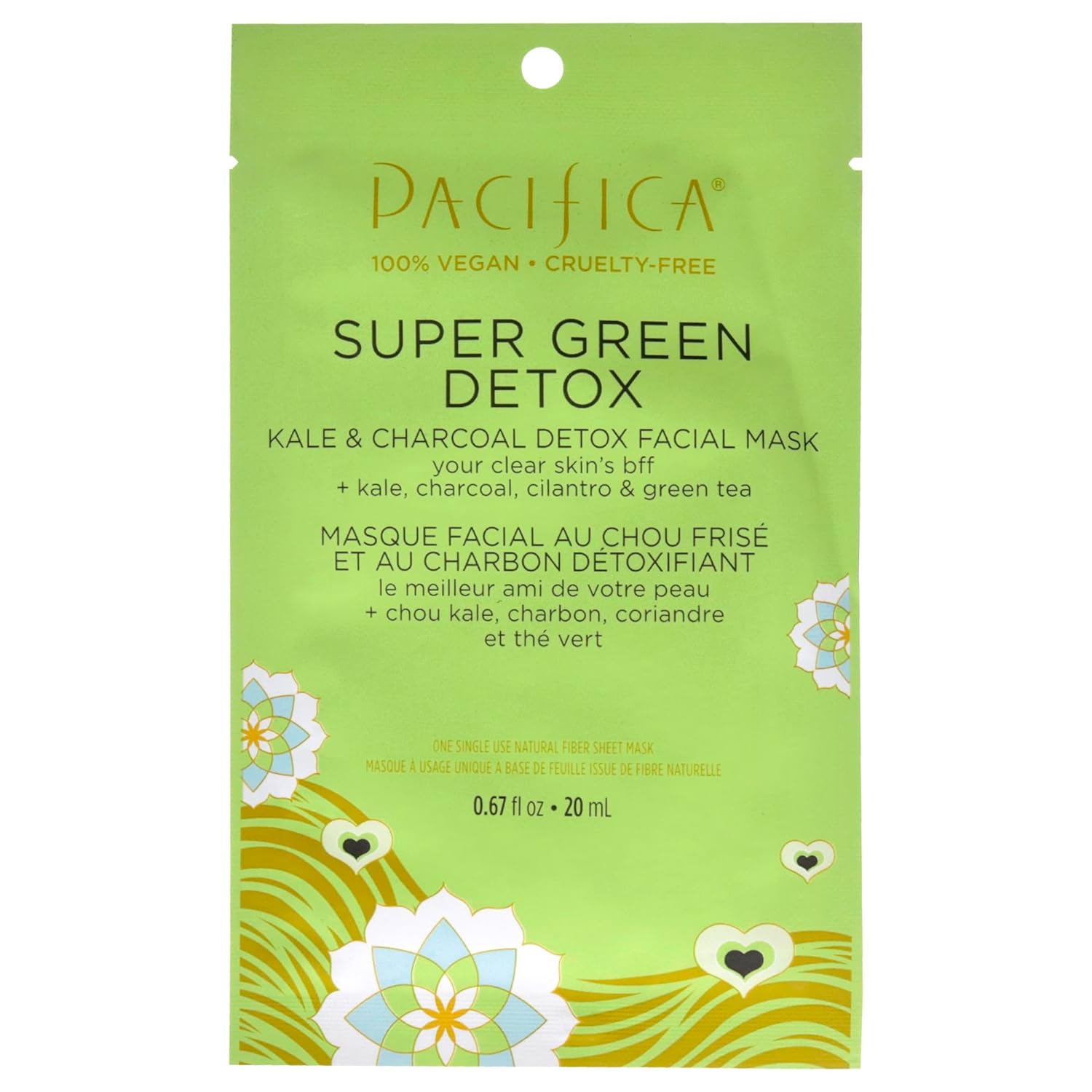 Pacifica Beauty Super Green Tea Detox Kale & Charcoal Facial Sheet Mask for All Skin Types, Vegan & Cruelty Free, 0.67 Fl Oz