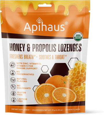 Honey And Propolis Lozenges Orange Flavor, Freshens Breath - Soothes A Throat- Immune Support With Vitamin C, Vitamin D And Zinc, 20 Count