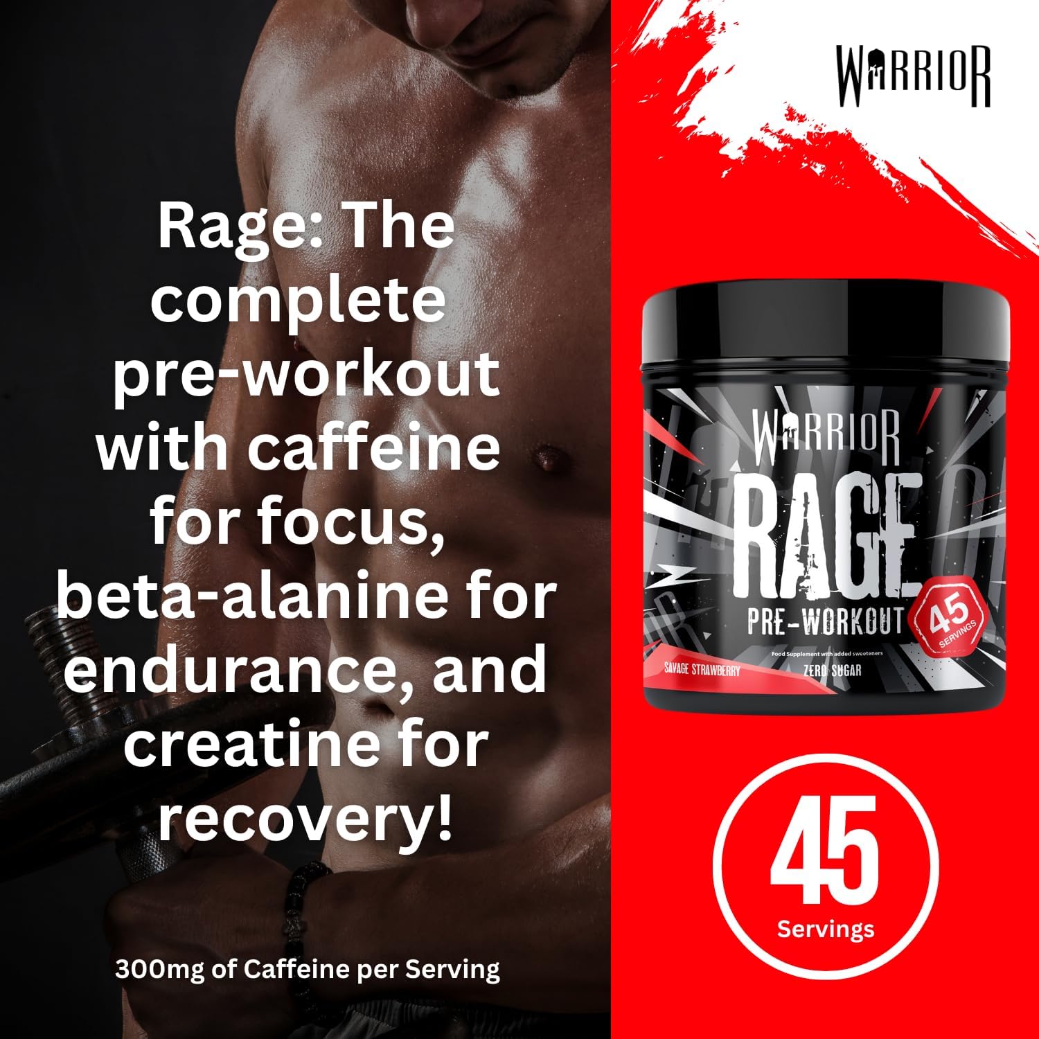 Warrior Rage - Pre-workout Powder - 392g - Energy Drink Supplement with Vitamin C, Beta Alanine and Creatine Gluconate - 45 Servings (Savage Strawberry) : Amazon.co.uk: Health & Personal Care