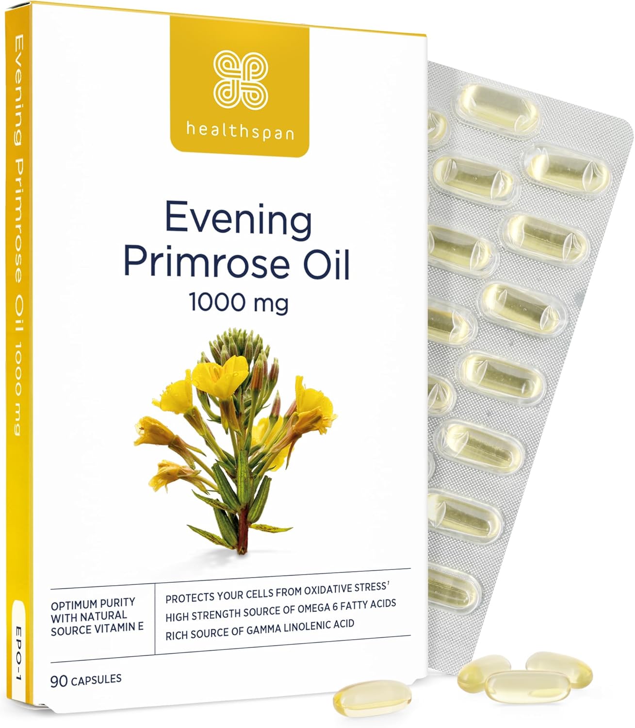 Healthspan Evening Primrose Oil | Support Women'S Health | Helps Maintain Hormonal Balance | Rich Source Of Omega 6 Fatty Acids | Added Vitamin E | Vegan (180 Capsules, 500Mg)