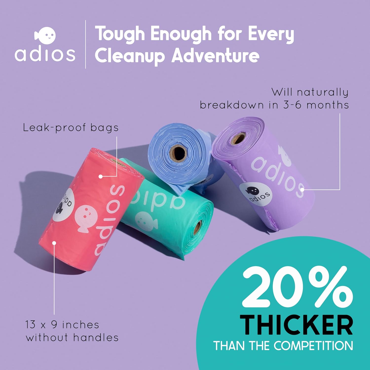 Adios - Compostable Dog Poop Bags, 120 Count (8 Rolls) - Rainbow Colours - Extra Thick, Leakproof, Odour Proof Dog Waste Bags - Made from Compostable Cornstarch - Easy Tear Rolls : Amazon.co.uk: Pet Supplies