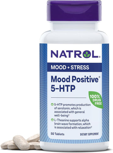 Natrol Mood Positive 5-HTP 50mg With L-Theanine, Vitamin B6, Vitamin B12 and Folate, Dietary Supplement Helps Support a Positive Mood, 50 Tablets, 25-50 Day Supply