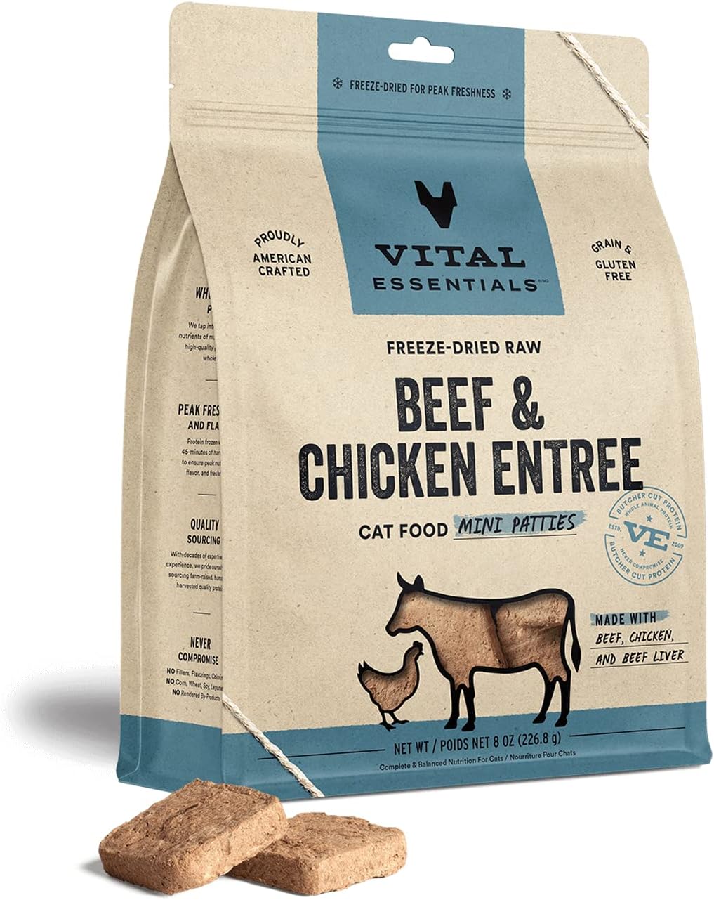 Vital Essentials Freeze Dried Raw Cat Food, Beef & Chicken Mini Patties Entree, 8 Oz