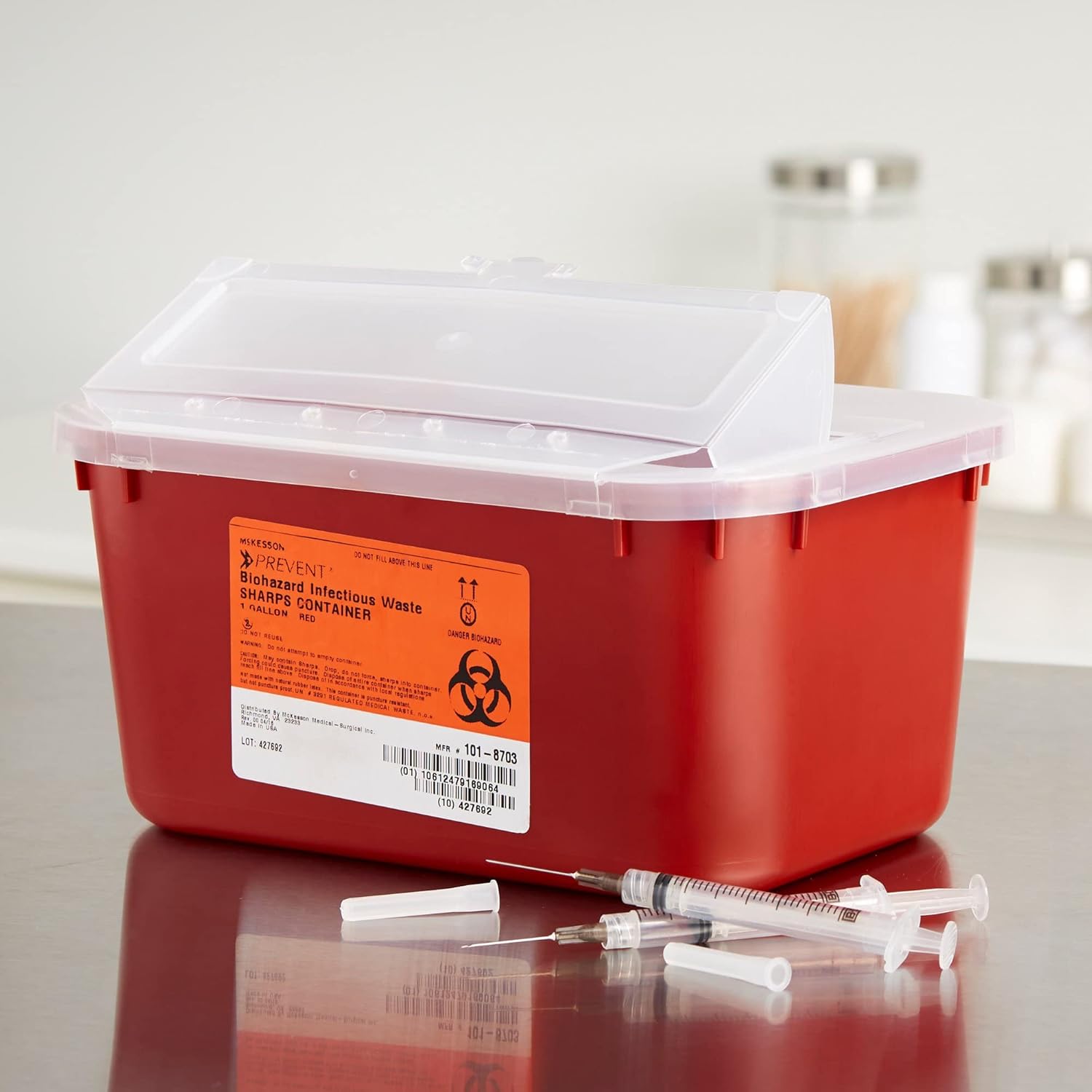 McKesson Sharps Container, Nestable Waste Can Style - Polypropylene, Horizontal Entry, Hinged Snap-On Lid - Red, 1 gal, 10 in x 7 in x 5 in, 1 Count : Health & Household