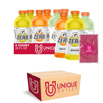 Gatorade 9-Pack Zero Collection Thirst Quencher Electrolyte Enhanced Sports Drink 28 Fl Oz Plastic Bottle + 1 Microfiber Cooling Towel By Unique Outlet Brand