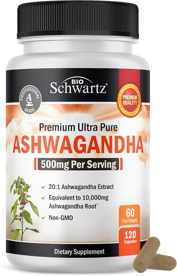 Ashwagandha Supplements - Extra Strength Ashwagandha Capsules With 500Mg 20 To 1 Root Extract Equivalent To 10,000Mg Ashwaganda Powder - Vegan Safe, Gluten Free, Non-Gmo, 60 Servings (120 Count)