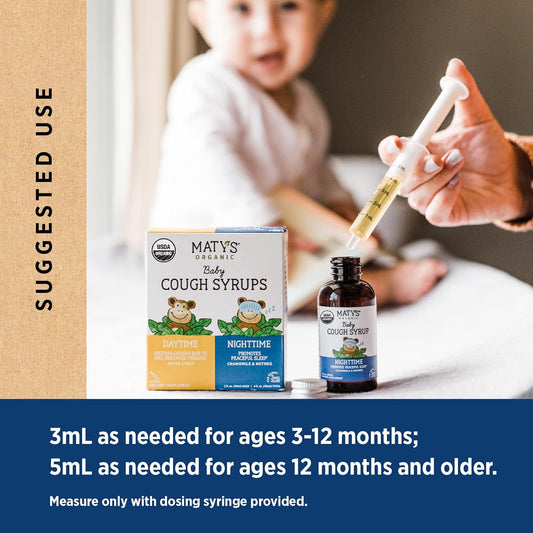 Matys Organic Baby Cough Syrup Day & Night Value Pack For Babies & Infants 3 Months + Up, Soothing Daytime & Nighttime Cough Relief, Made With Agave Syrup, Melatonin & Dye Free, 2 Pack, 2 Fl Oz Each