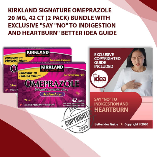 Kirkland Signature Omeprazole 20 mg, 42 Ct (2 Pack) Bundle with Exclusive "Say "No" to Indigestion and Heartburn" - Better Idea Ge (3 Items)