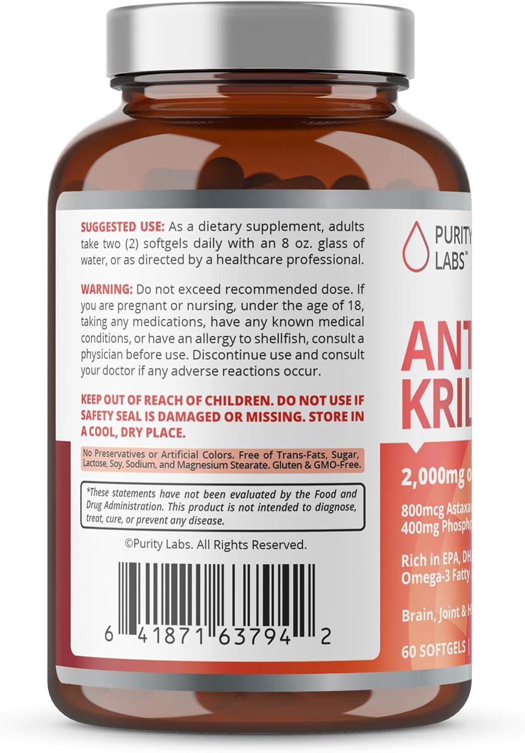 Purity Labs Antarctic Krill Oil 2000Mg Omega-3 With Astaxanthin 800Mcg Supplements To Support Memory- Rich In Omega 3, Fatty Acids, Dha, Epa & Phospholipids - 60 Softgels