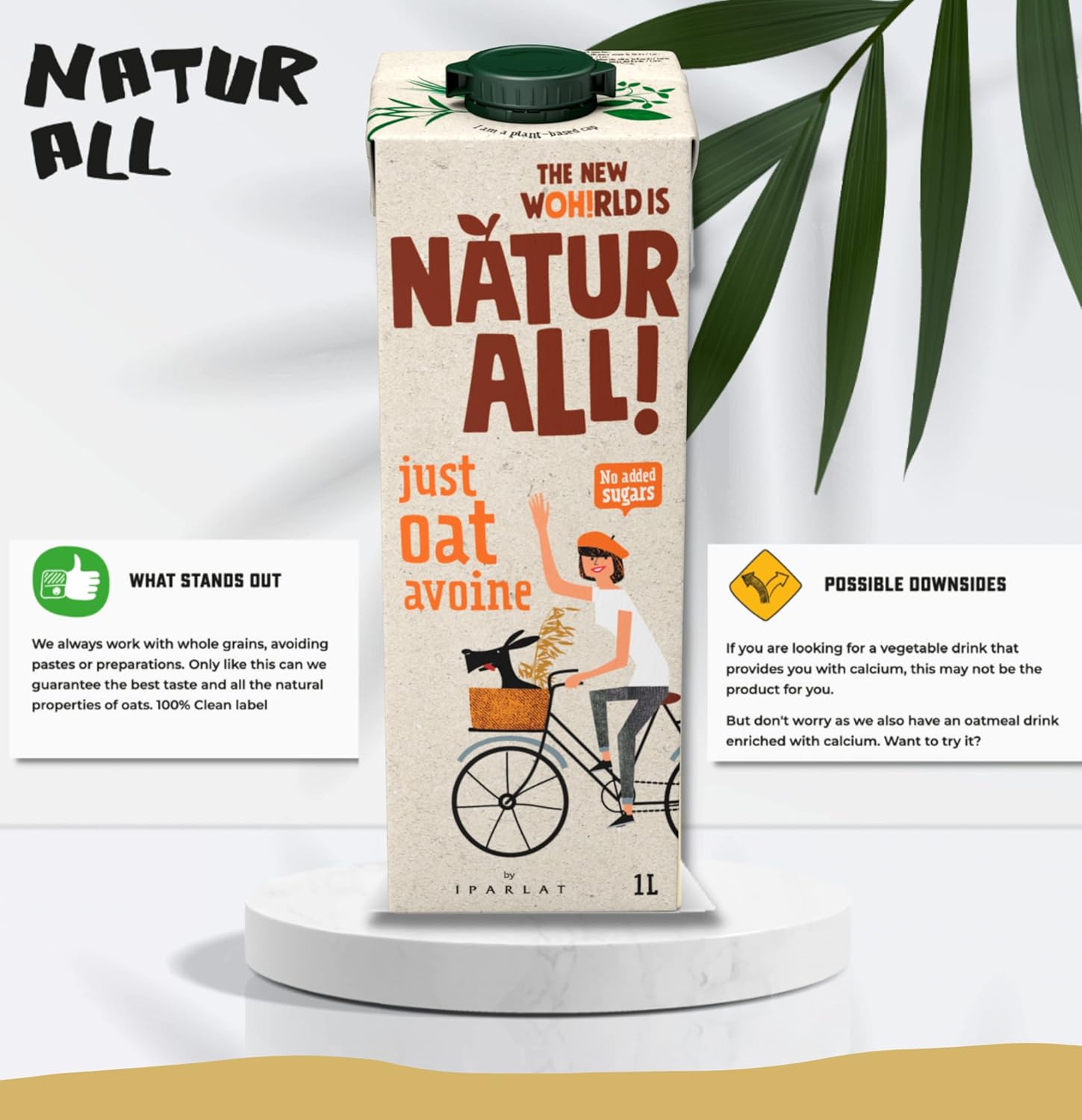 Natur-All | Just Oat Drink 1L - Only 2 Ingredients: Water & Oat, Unsweetened, 100% Plant-Based, Eco-Friendly Packaging, Vegan (6 Unit Box)