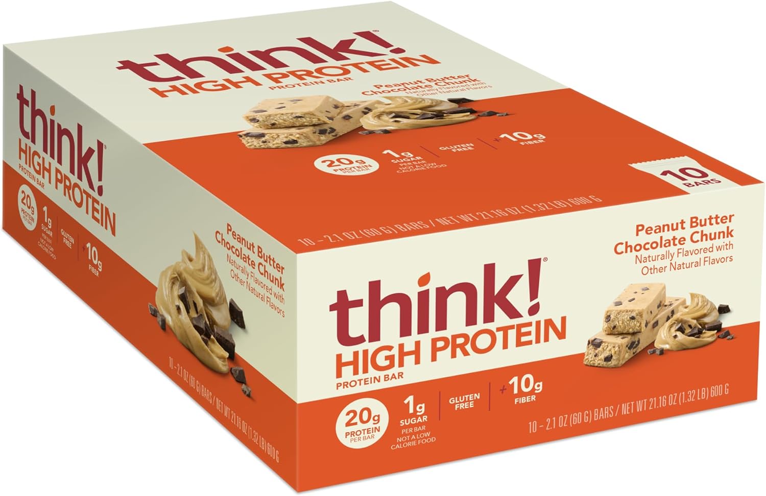 Think! Protein Bars, High Protein Snacks, Gluten Free, Kosher Friendly, Peanut Butter Chocolate Chunk, 10 Count