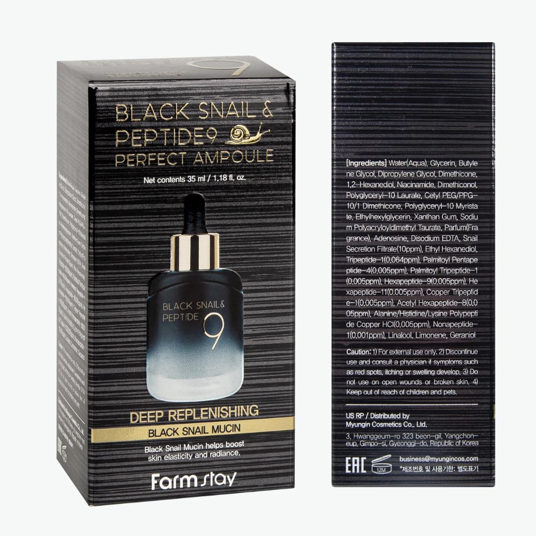 Farmstay Black Snail & Peptide9 Perfect Ampoule- Deep Hydration & Skin Resilience, Lightweight & Non-Sticky Formula, For All Skin Types, 1.18 Fl.Oz