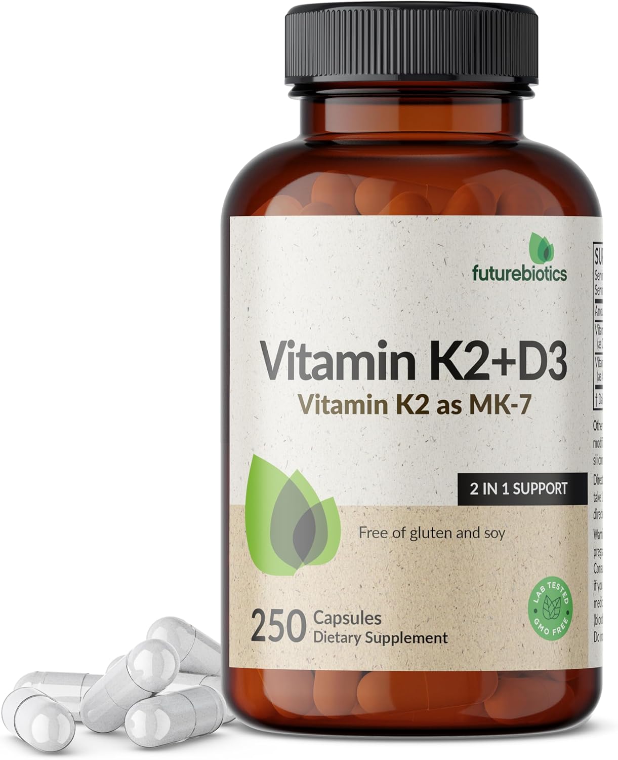 Futurebiotics Vitamin K2 (Mk7) With D3 Supplement - Non-Gmo Formula - 5000 Iu Vitamin D3 & 90 Mcg Vitamin K2 Mk-7, 250 Vegetarian Capsules