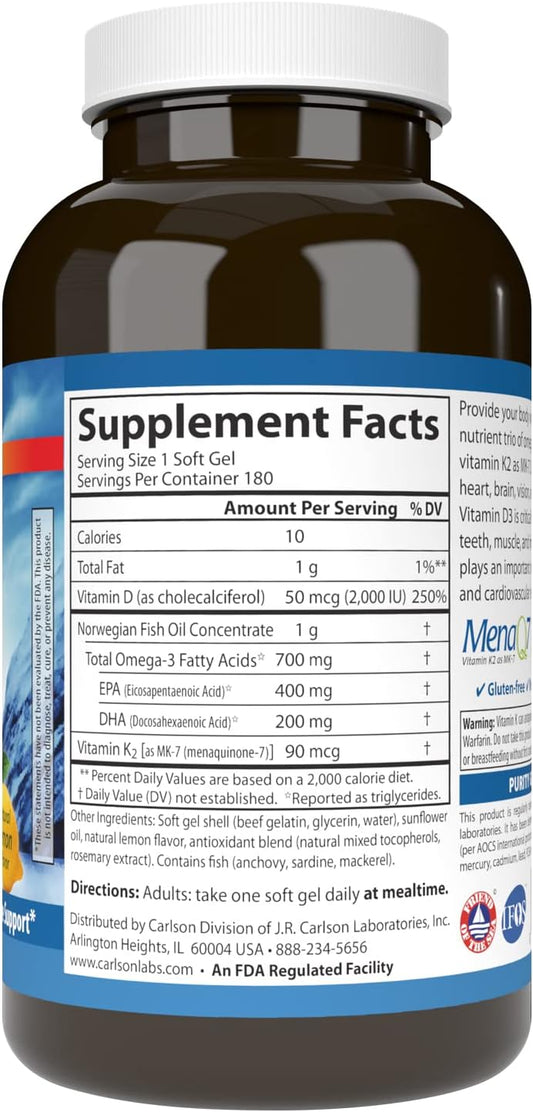 Carlson - Elite Omega-3 Plus D & K, 700 mg Omega-3s + D3 & K2, Function, Bone Health & Immune Support, Lemon, 180 Softgels