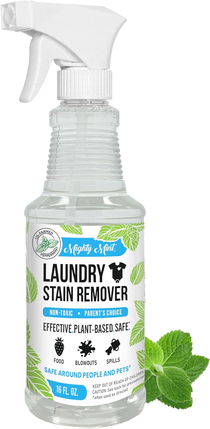 Mighty Mint Laundry Stain Remover, Parent’s Choice Non-Toxic Spray for Stains from Food, Drink, Grease, Natural Peppermint Scent, 16oz