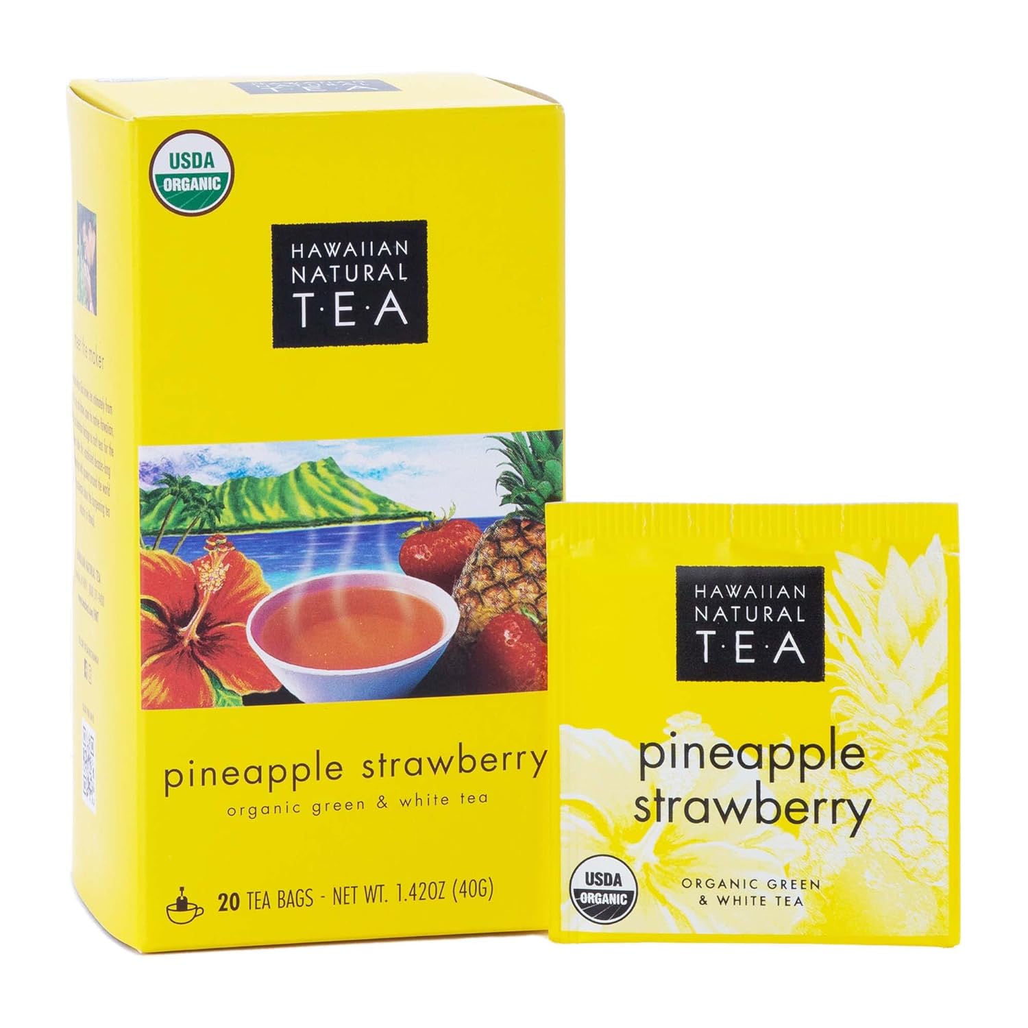 Hawaiian Natural Tea Pineapple Strawberry Flavored Organic Tea - Tropical Fruit Green Tea Blend With White Tea - Perfect Daily Cup & Gift For Tea Lovers - 20 Tea Bags