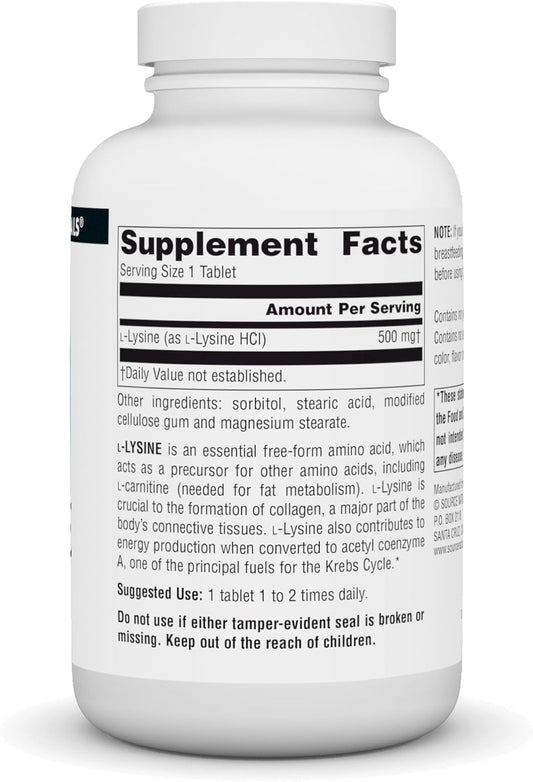 Source Naturals L-Lysine 500 Mg Free Form - Amino Acid Supplement Supports Energy Formation & Collagen - 250 Tablets