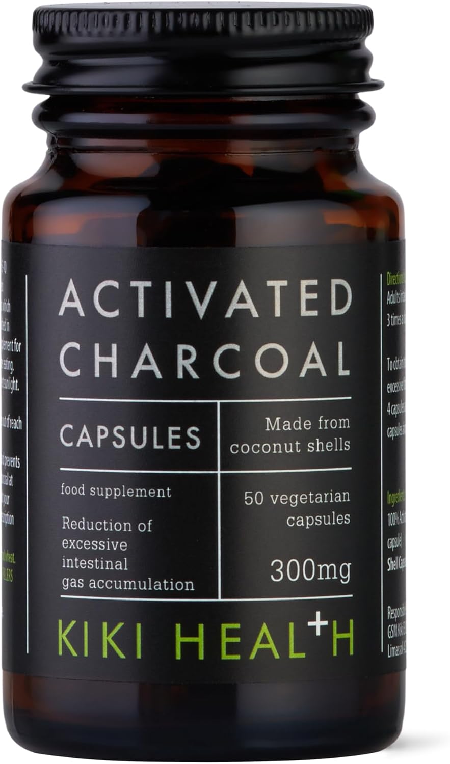 Kiki Health - Activated Charcoal 300Mg - Made From 100% Pure Coconut Shells - Contributes To Reducing Excessive Flatulence After Eating - Natural Teeth Whitener - 50 Capsules