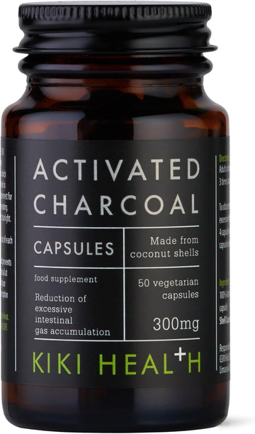 Kiki Health - Activated Charcoal 300Mg - Made From 100% Pure Coconut Shells - Contributes To Reducing Excessive Flatulence After Eating - Natural Teeth Whitener - 50 Capsules