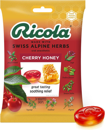 Ricola Cherry Honey Throat Drops, 24 Drops, Naturally Soothing Relief that Lasts for Scratchy, Hoarse, and Sore Throats