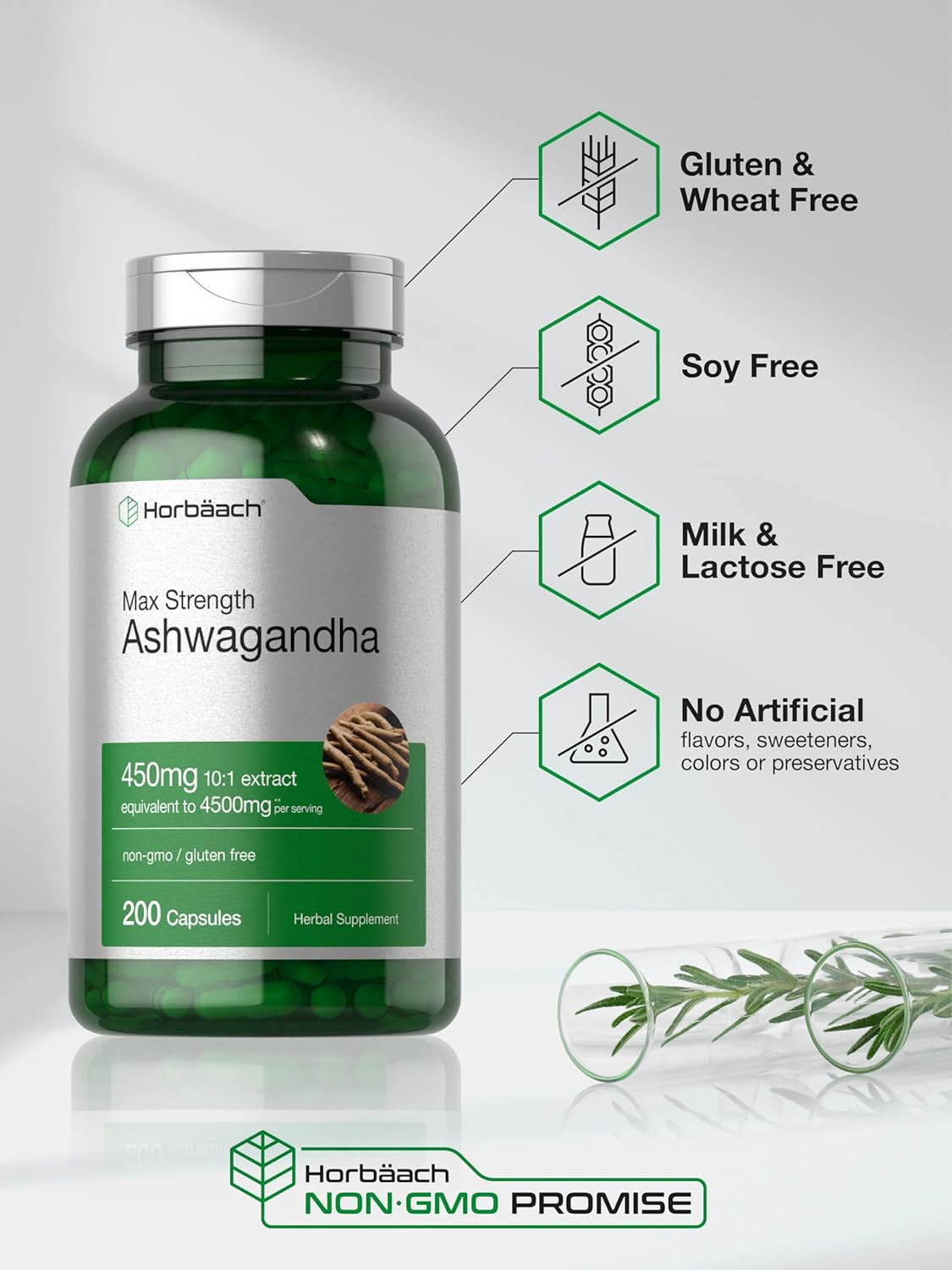 Horbäach Ashwagandha Supplement | Max Strength | 200 Capsules | Non-GMO, Gluten Free : Health & Household