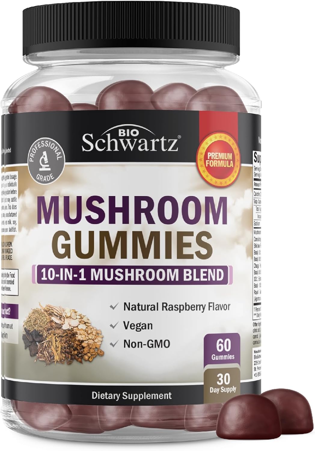 Mushroom Gummies For Adults - 10-In-1 Functional Mushroom Supplement For Mood And Focus With Lions Mane Turkey Tail Cordyceps Shiitake Reishi Mushrooms - Vegan, Non-Gmo, Raspberry Flavor, 60 Count