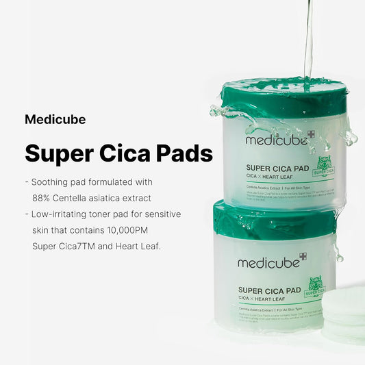 Medicube Super Cica Facial Toner Pads (70 Pads) - 88% Centella Asiatica Pads To Soothe Sensitive Skin - Infused With Heartleaf For Deep Hydration And Improvement Of Damaged Skin - 100% Vegan Ceritifed