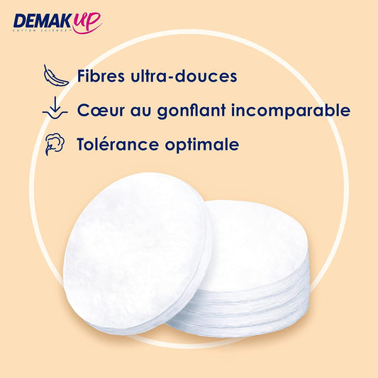 Demak'Up Sensitive Cotton Make-Up Removal Pads - Face And Eyes - 100% Natural Cotton Fibres - 64 Cottons