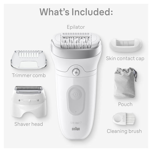 Braun Epilator Silk-Épil 7, Hair Removal Device, Women Shaver & Trimmer, Wet And Dry, Wide Head, Includes Shaver Head And Trimmer Comb, Se7-041, Silver