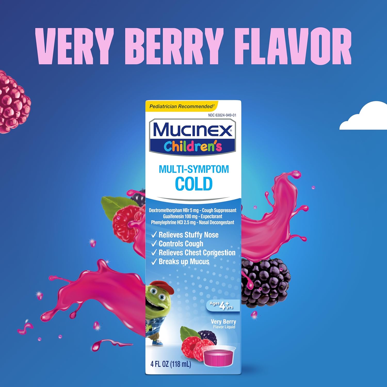 Cold, Cough, And Fever, Mucinex Children'S Multi-Symptom, Night Time Cold Liquid, Mixed Berry, 4Oz, Reduces Fever, Controls Cough, Relieves Stuffy Nose : Health & Household