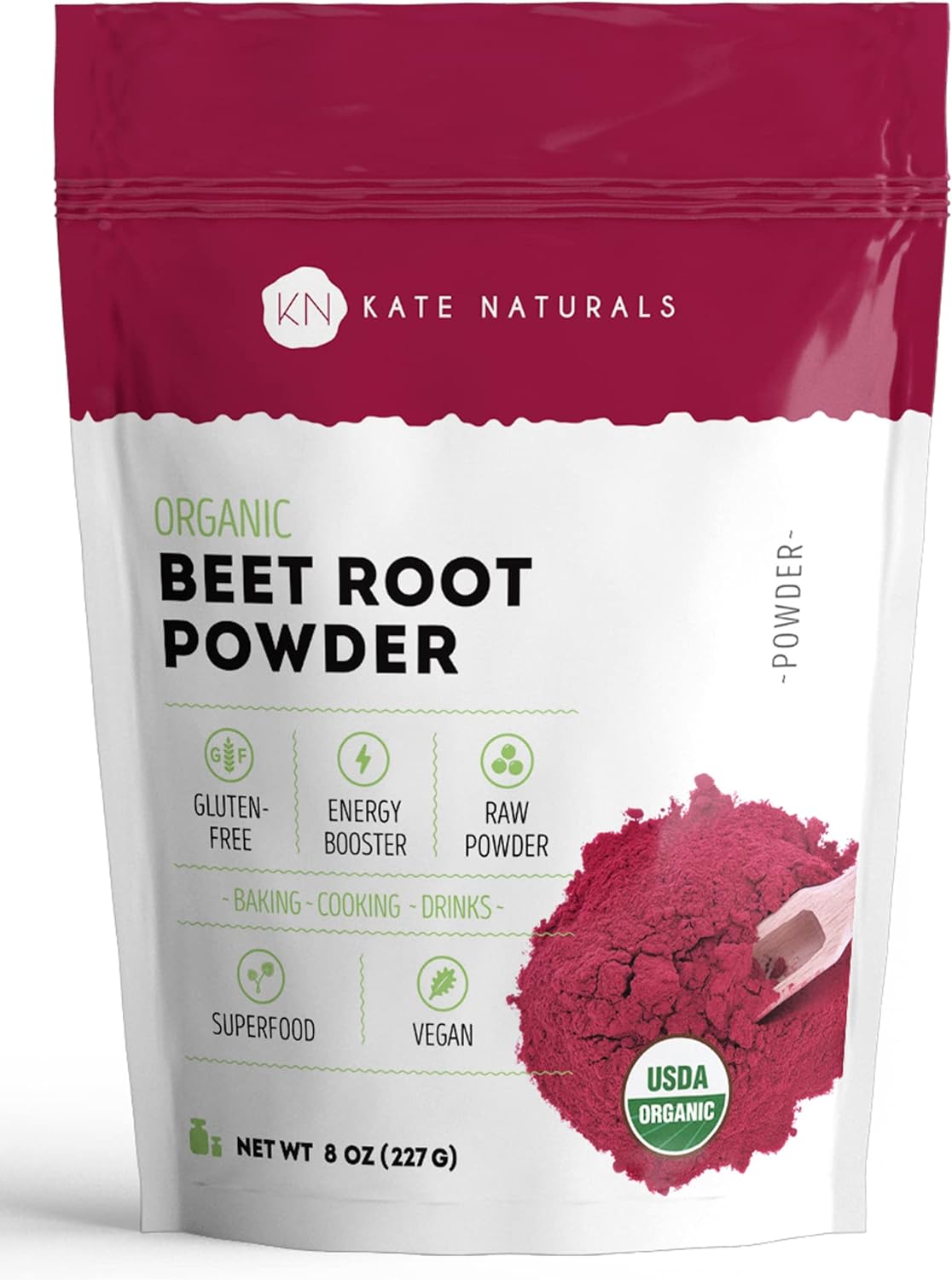 Kate Naturals Beet Root Powder For Baking & Smoothies (8Oz) Usda Organic Beetroot Powder & Nitric Oxide Supplement For Increase Energy & Stamina Pre Workout. Gluten Free Organic Beet Powder