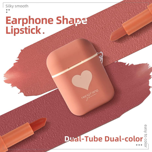 Lamuseland Matte Lipstick, 2Pc/Set Waterproof Long Lasting Moisturizing Lip Stain Earphone Dual-Color Lip Gloss Primer, Non-Stick Cup Lip Make Up Gift Kit For Girls (Red)