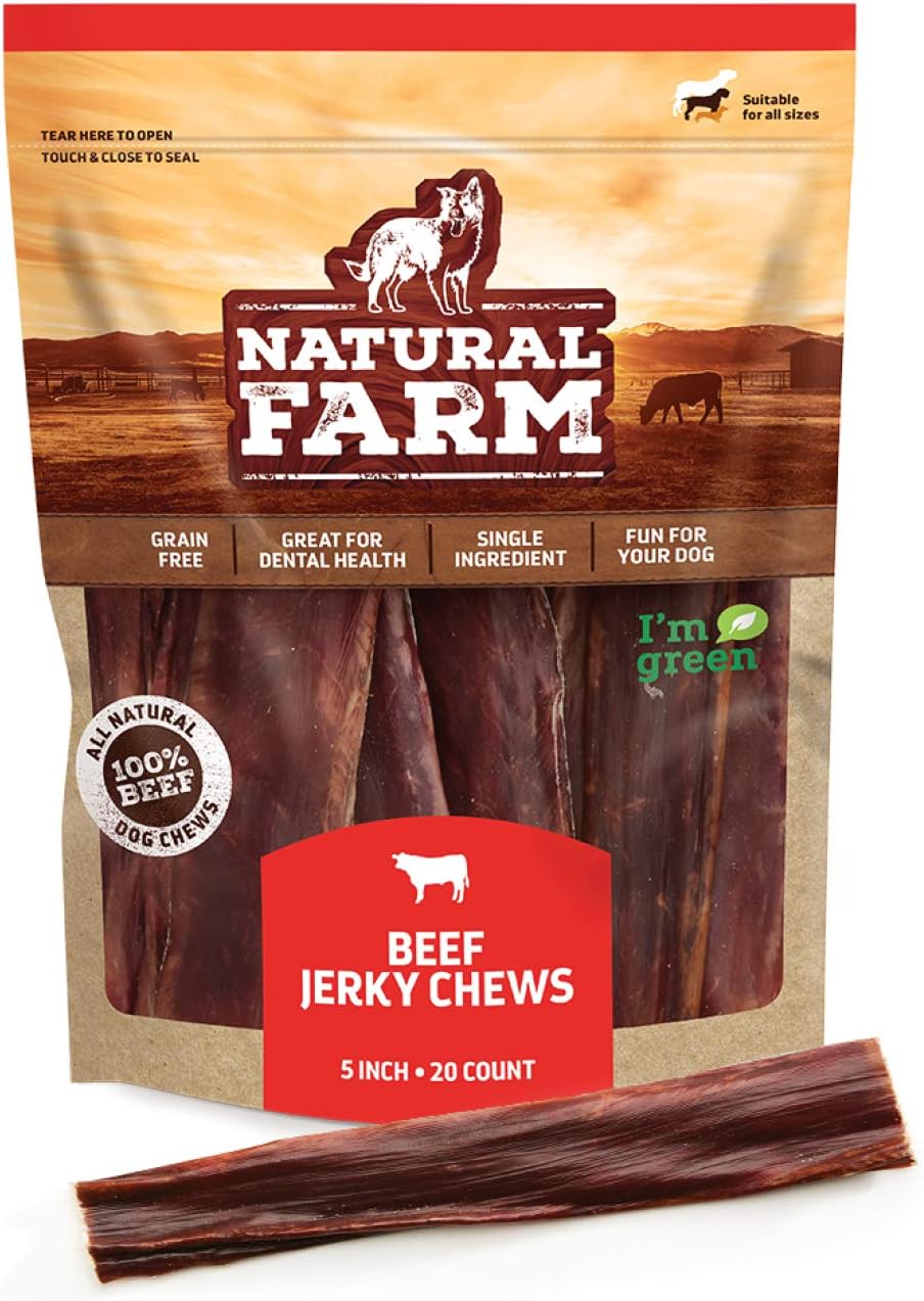 Natural Farm Beef Jerky Gullet Sticks Flat - 5-Inch (20-Pack), Grass-Fed Beef, Glucosamine & Chondroitin, Rich Flavor, Highly Digestible, Chewy Yet Tender
