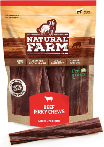 Natural Farm Beef Jerky Gullet Sticks Flat - 5-Inch (20-Pack), Grass-Fed Beef, Glucosamine & Chondroitin, Rich Flavor, Highly Digestible, Chewy Yet Tender