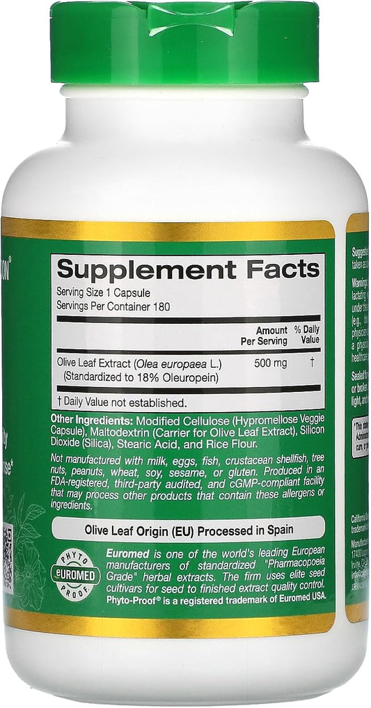 Olive Leaf Extract 500 Mg, 18% Oleuropein, European Quality Processed In Spain, 180 Veggie Capsules, California Gold Nutrition Euroherbs