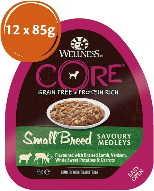 Wellness CORE Small Breed Savoury Medleys, Dog Food Wet for Smaller Breed, Grain Free, High Meat Content, Lamb and Venison, 85 g (Pack of 12)?10456