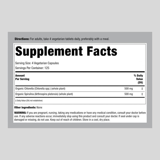 Piping Rock Chlorella Spirulina Organic | 500 Tablets | Vegetarian Pills | Non-GMO, Gluten Free Supplement
