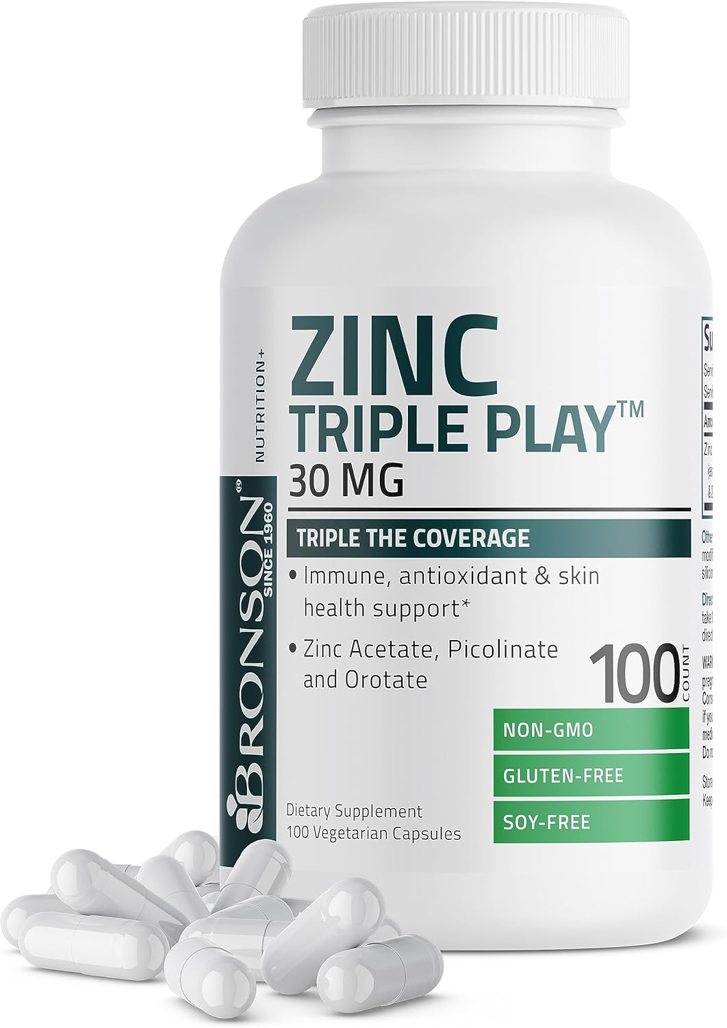 Bronson Zinc Triple Play 30 mg Triple Coverage Immune Support Zinc Supplement with Zinc Acetate, Picolinate & Orotate - Immune, Antioxidant & Skin Health Support - 100 Vegetarian Capsules : Health & Household