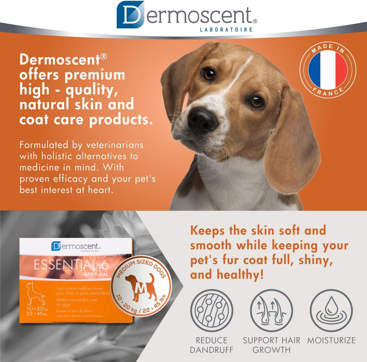 Dermoscent Essential 6 spot-on - Dog Skin Care for Dandruff & Allergy Relief with Vitamin E Oil - Anti Itch for Dogs - Natural Ingredients for Sensitive Skin - Dogs 10-20 kg - 4 Pipettes of 1.2 ml : Pet Itch Remedies : Pet Supplies