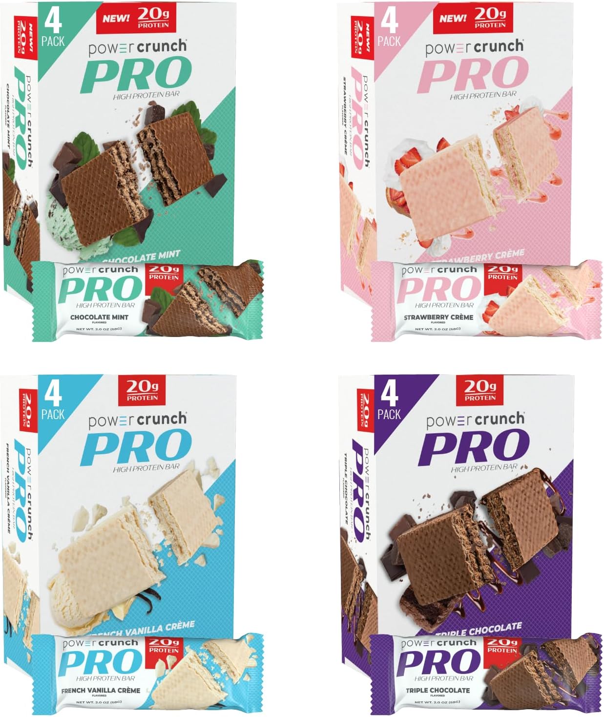 Power Crunch Pro Protein Wafer Bars, Variety Pack, In 4 Flavors 2.0 Ounce Bars (16 Count). High Protein