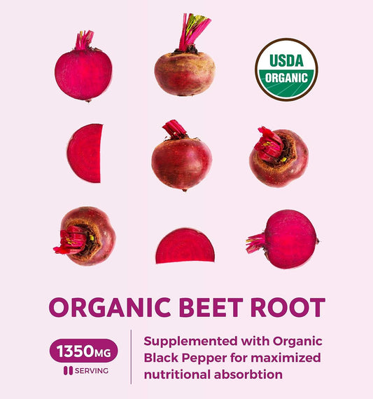 USDA Organic Beet Root Powder (120 Tablets) 1350mg Beets Per Serving with Black Pepper for Extra Absorption - Super Antioxidant and Nitrate Supplement for Athletic Performance and Stamina- No Capsules