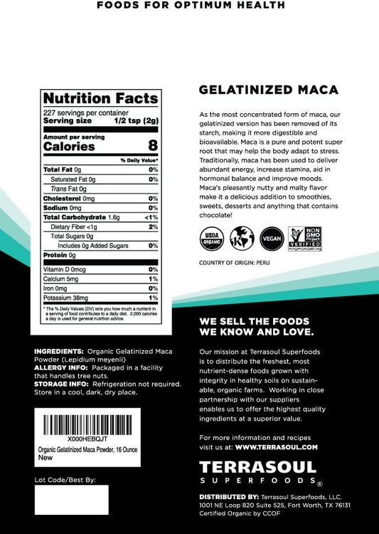 Terrasoul Superfoods Organic Gelatinized Maca Powder, 16 Oz, Hormone Balance, Energy Boost, And Superfood Smoothies With Peruvian Maca Root, Gelatinized For Easy Digestion