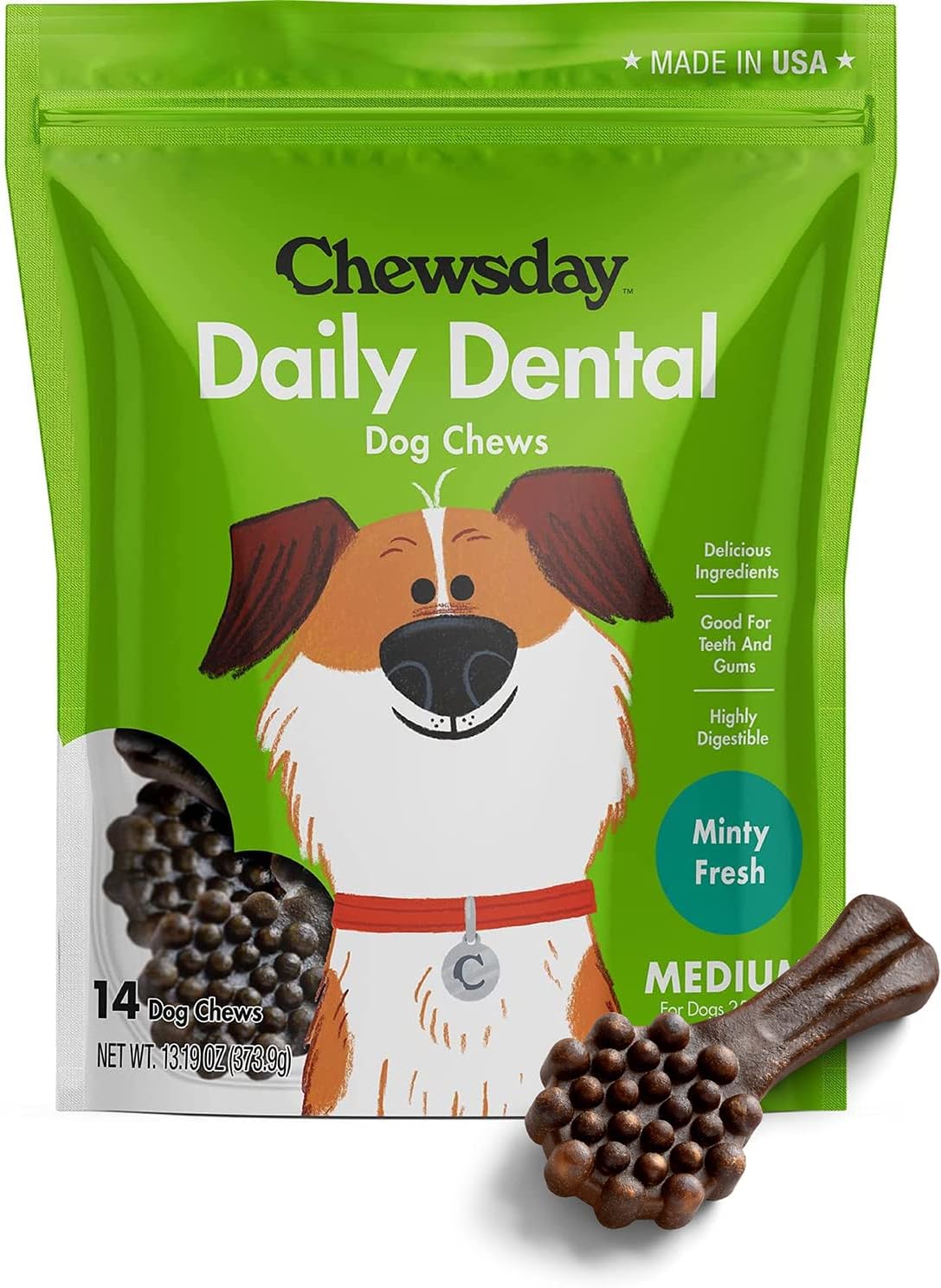 Medium Minty Fresh Daily Dental Dog Chews, Made in The USA, Natural Highly-Digestible Oral Health Treats for Healthy Gums and Teeth - 14 Count