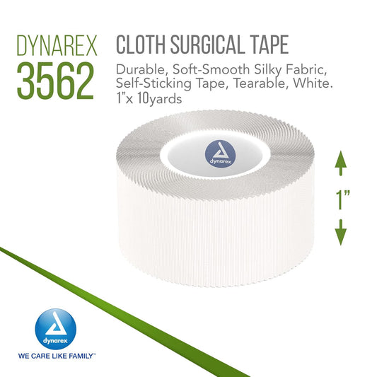 Dynarex Cloth Surgical Tape, Durable, Soft-Smooth Silky Fabric, Latex-Free, Self-Sticking Tape, Secure Adhesion, White, 1” X 10 Yds., 1 Case - 12 Boxes Of 12 Rolls Of Tape