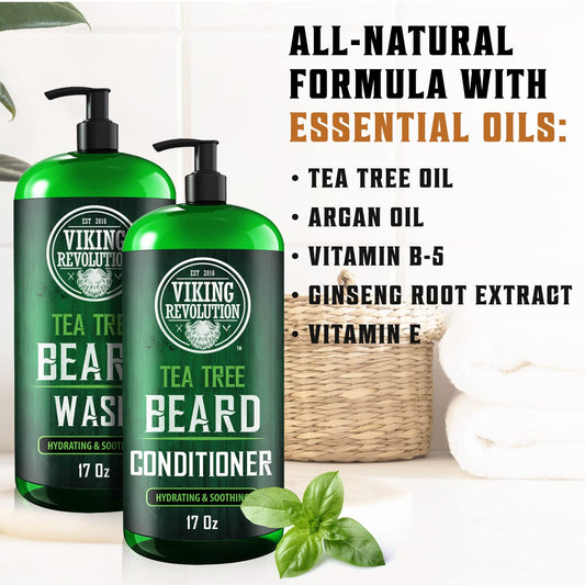 Viking Revolution Tea Tree Oil Beard Wash And Beard Conditioner For Men - Natural Beard Softener Set With Argan Oil, Vitamin E And Ginseng - Beard Shampoo And Conditioner Set (17 Oz)