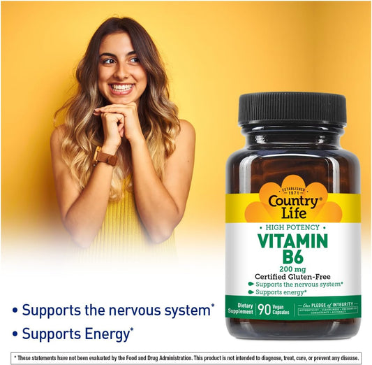 Country Life Vitamin B-6, High Potency, Supports Energy And The Nervous System, 200Mg, 90 Vegan Capsules, Certified Gluten Free, Certified Vegan, Certified Halal…