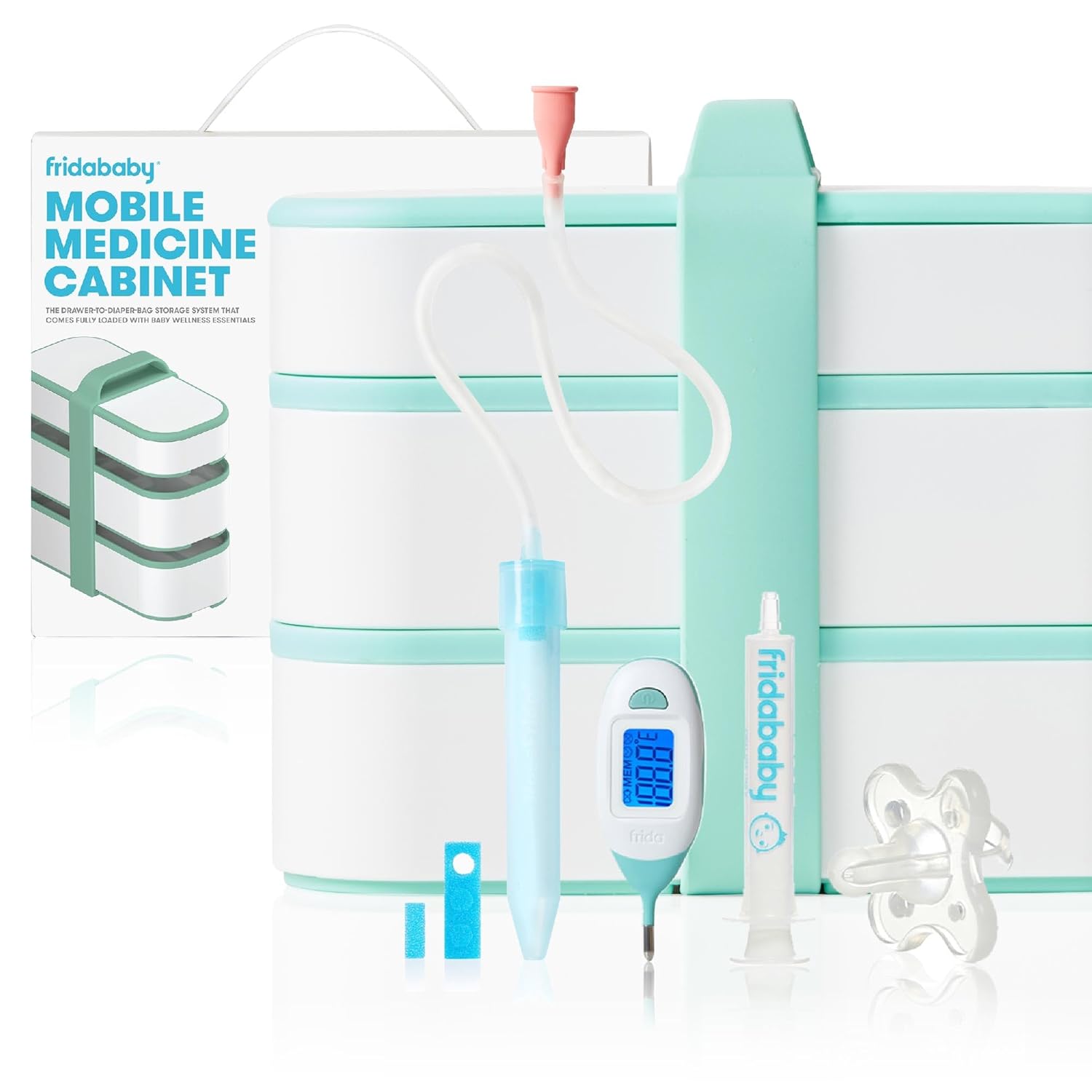 Frida Baby Mobile Medicine Cabinet Travel Kit | Baby Essentials Gift Set Includes Nosefrida Snotsucker, Rectal Thermometer, Medifrida Medicine Dispenser With Portable Carrying Case