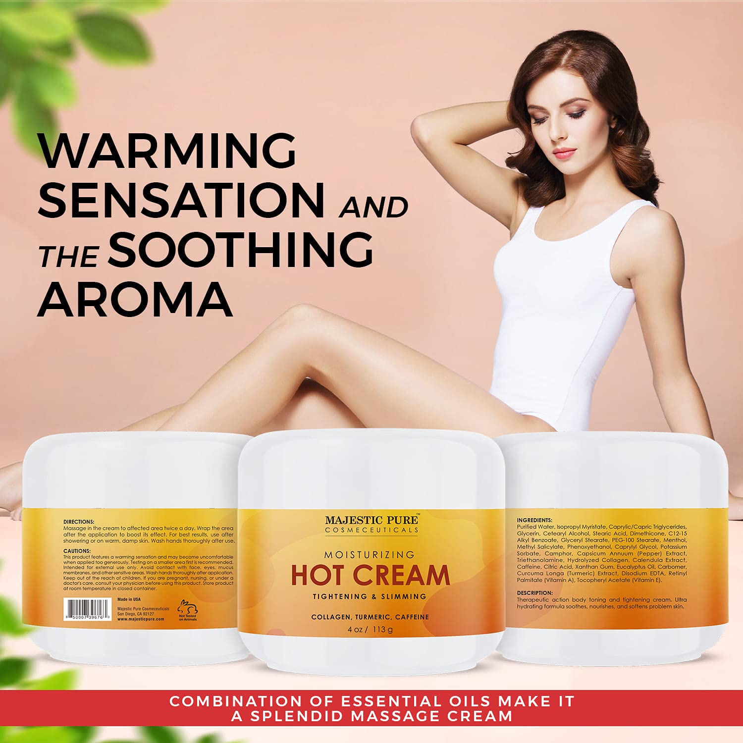 MAJESTIC PURE Hot Cream - for Cellulite, Soothing, Relaxing, Tightening & Slimming - with Collagen, Turmeric, Vitamin A, E, Body Firming Cream, 4 oz : Beauty & Personal Care