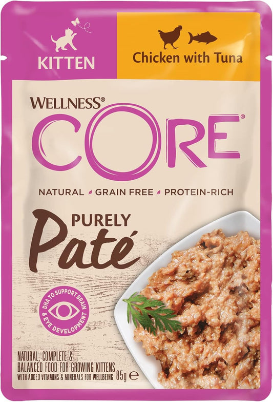 Wellness CORE Purely Paté Kitten, kitten food wet, smooth paté wet cat food for kittens, grain-free, high meat content, chicken & tuna, 24 x 85g?10845