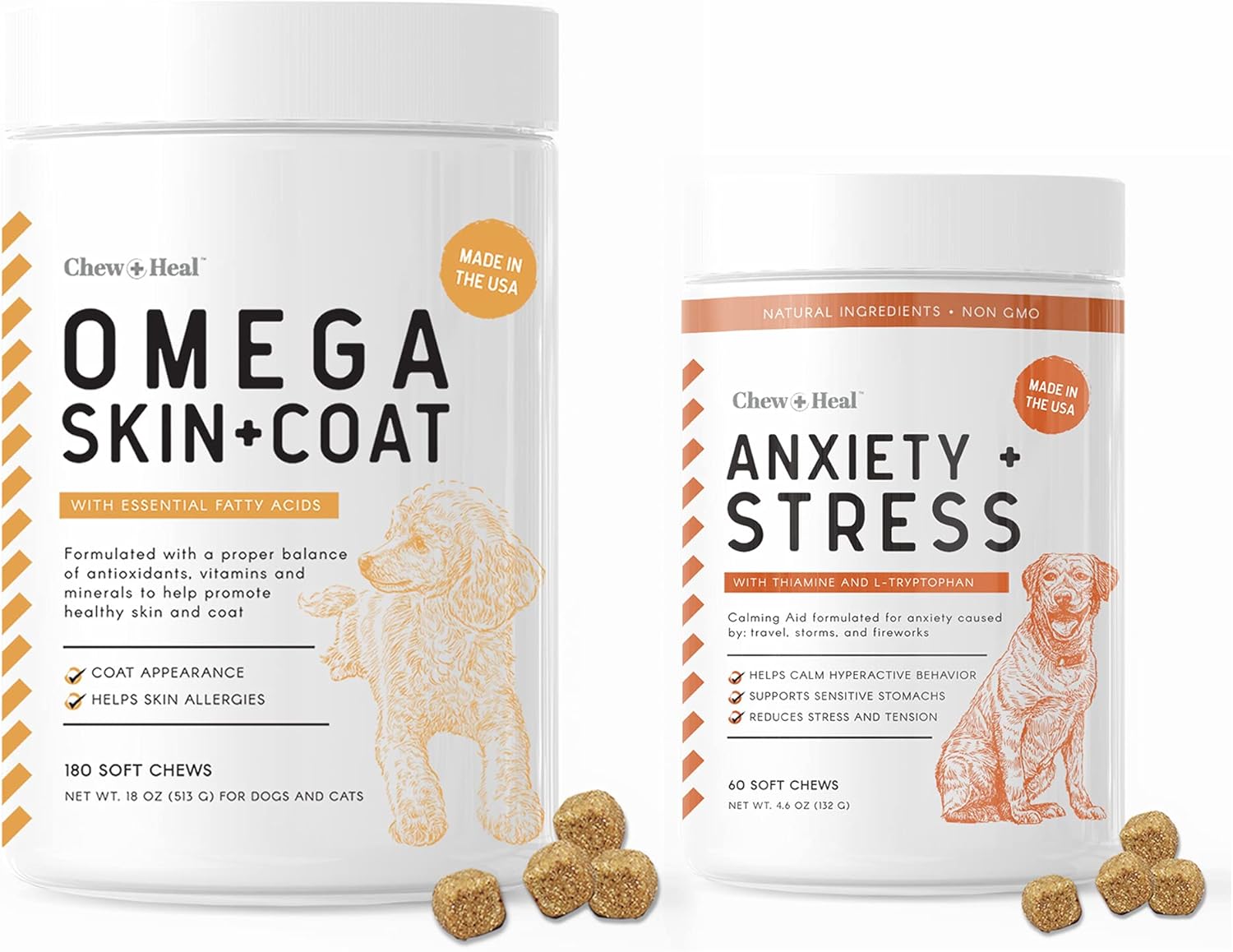 Dog Calming Treats And Salmon Oil Omega Treats For Skin And Coat -Anxiety And Stress Relief Supplement Thiamine And L-Tryptophan For Travel, Storms, Fireworks -Essential Fatty Acids, Omega 3, 6, And 9